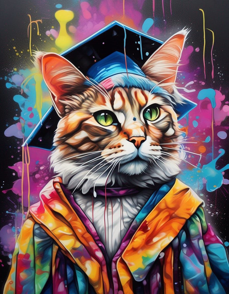 Cat's Graduation Portrait in Graffiti Splash Art Style