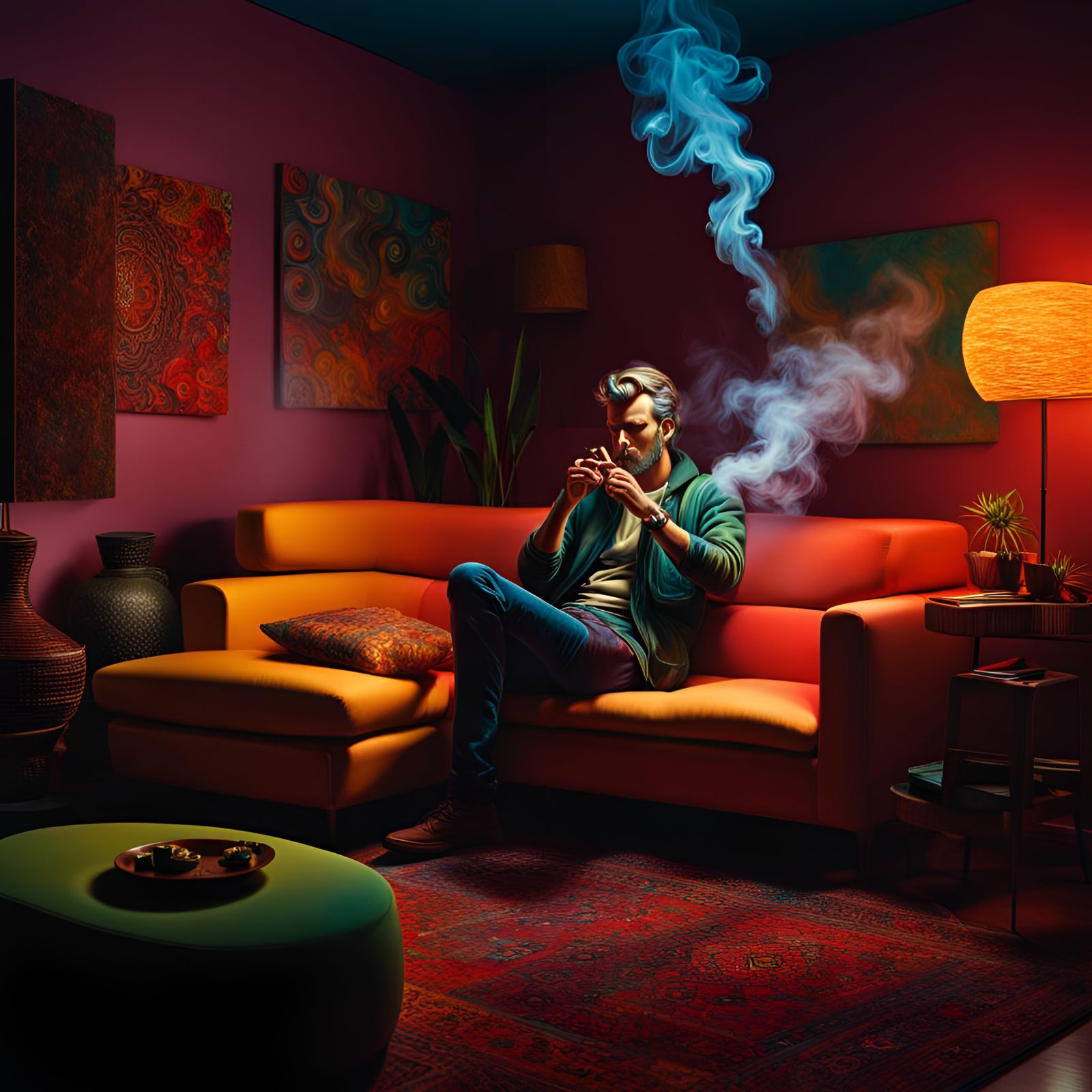 Scandinavian Man Smoking in Dimly Lit Room