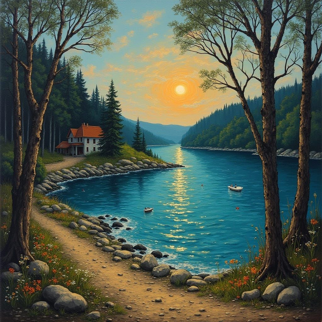 Woman in Field at Sunset, Post-Impressionist Style