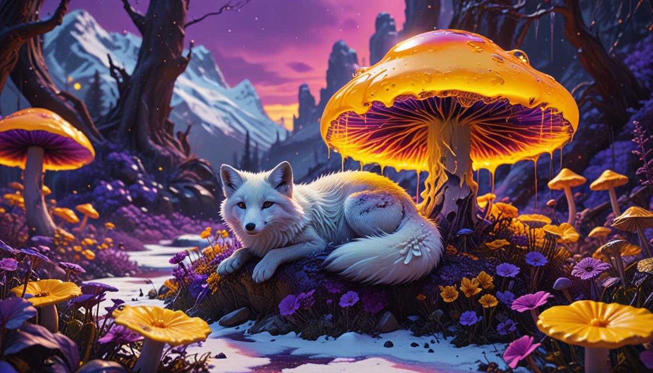 Surreal Arctic Fox Surrounded by Vibrant Neon Mushrooms and ...
