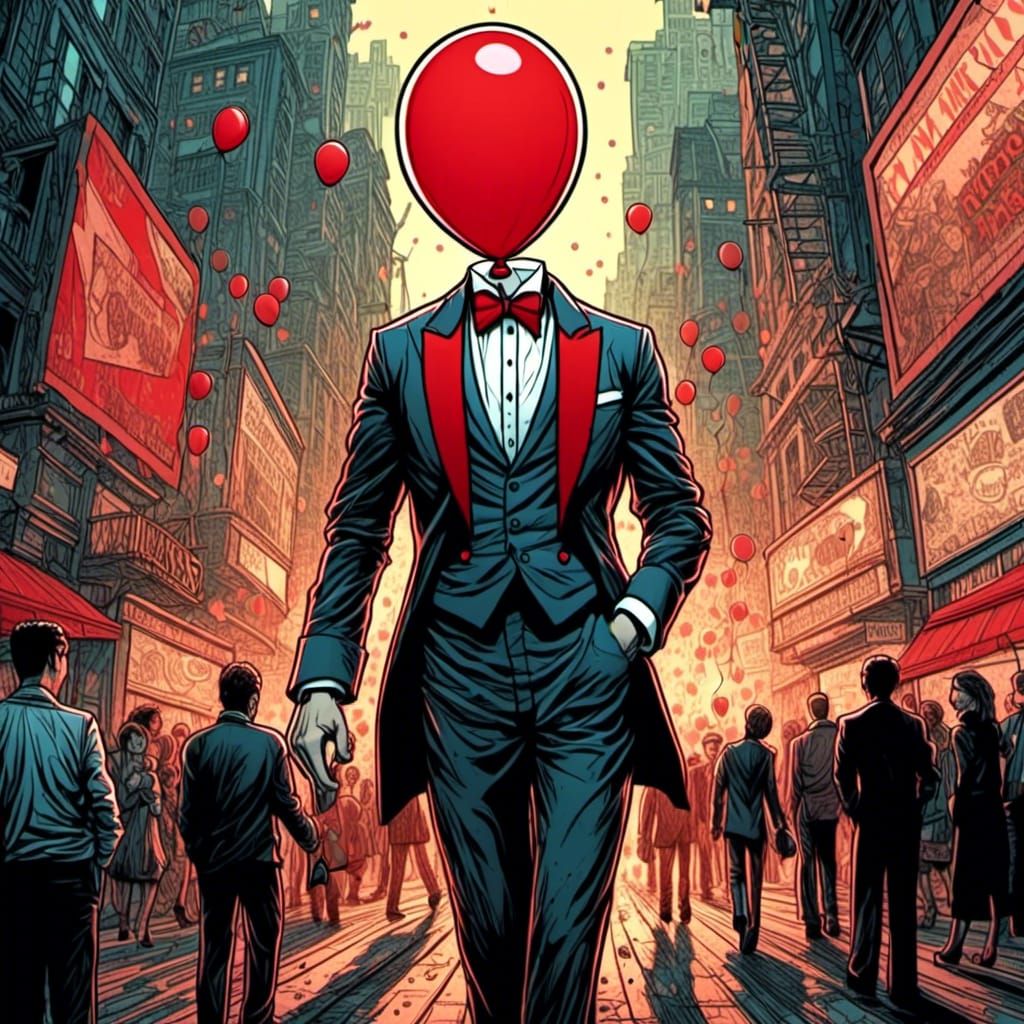 Balloon Headed Man in City, Comic Book Style