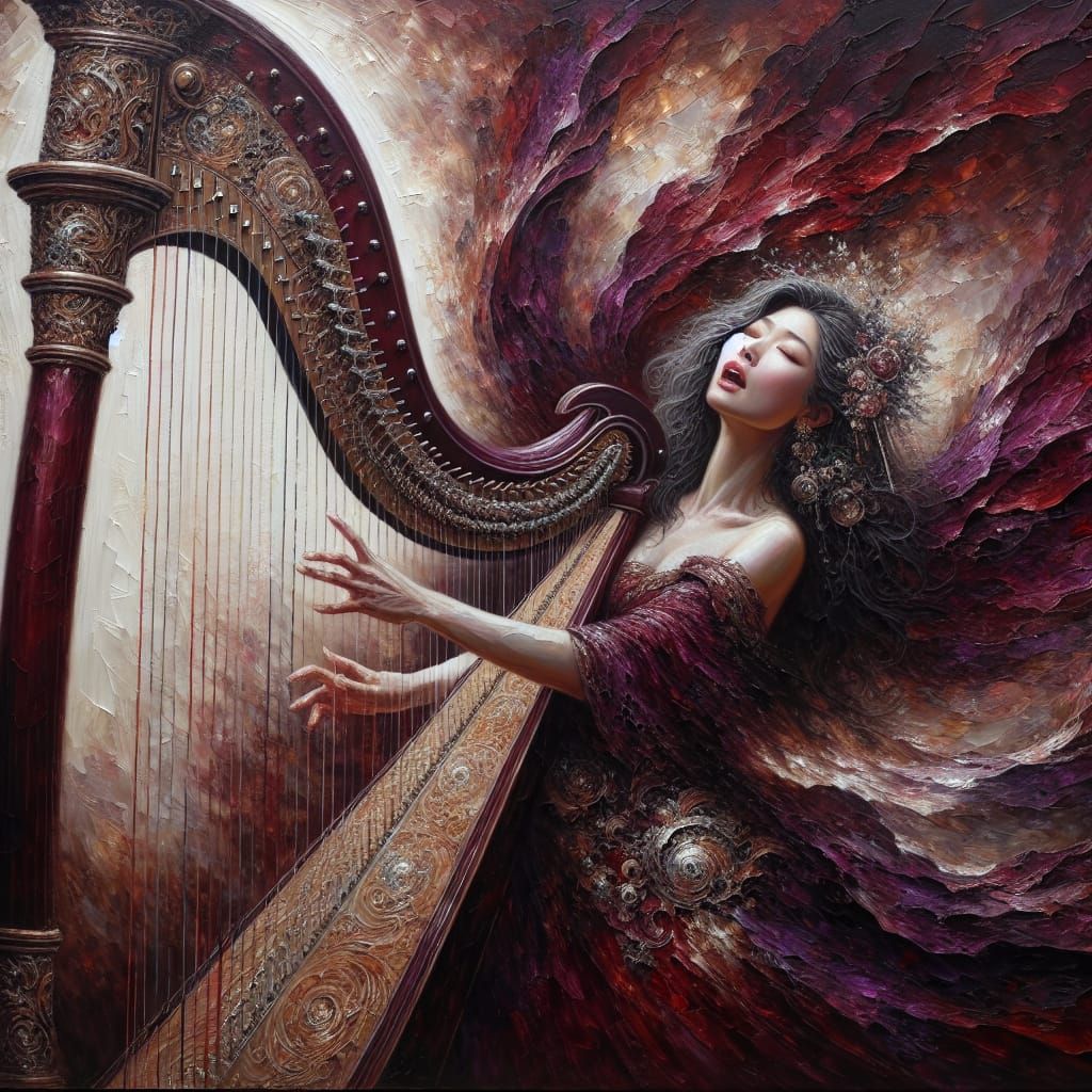 Passionate Harpist in Richly Textured Oil Painting
