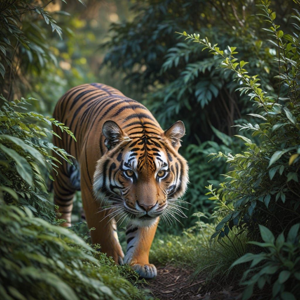 Tiger Hides in Dense Bushes, Ready to Pounce