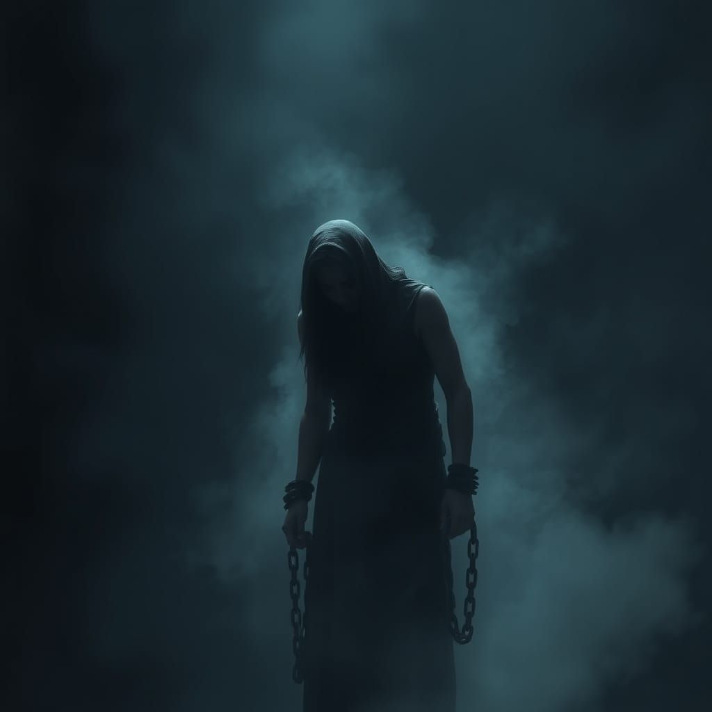 Figure in Chains Amidst Dark Atmospheric Mist