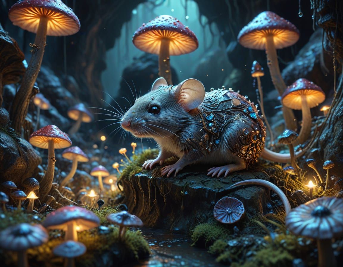 Clockwork Mouse in Bioluminescent Mushroom Labyrinth