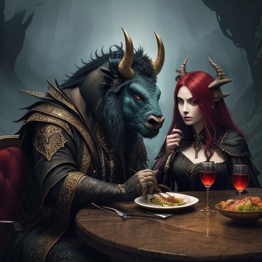 Vampire Royalty Lunch with Dragon Rooster in Dark Fantasy Oi...