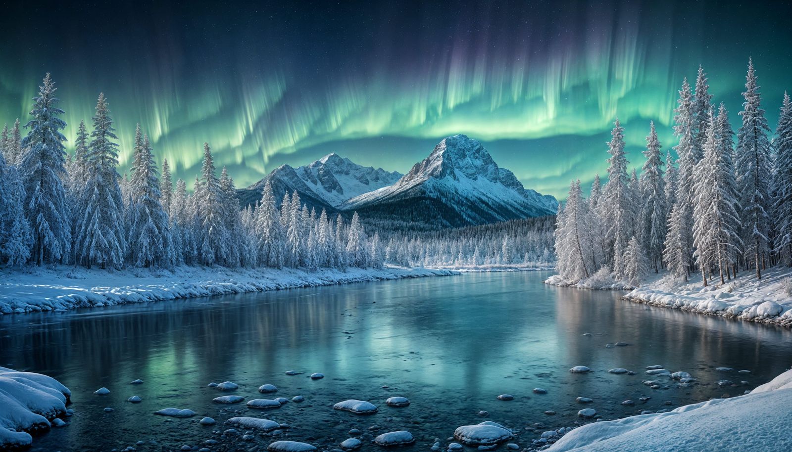 Winter River Leads to Mountain Under Aurora