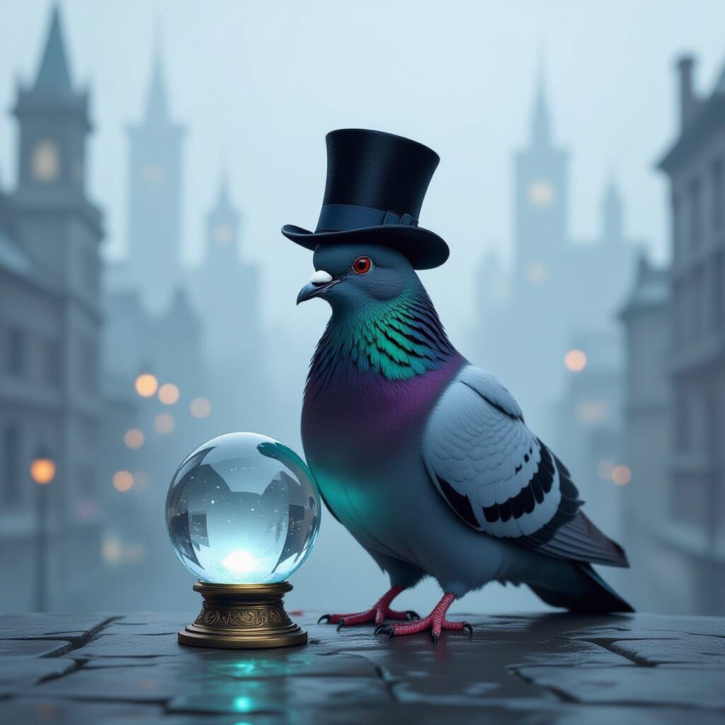 Pigeon Gazing into Crystal Ball in Dreamlike Cityscape