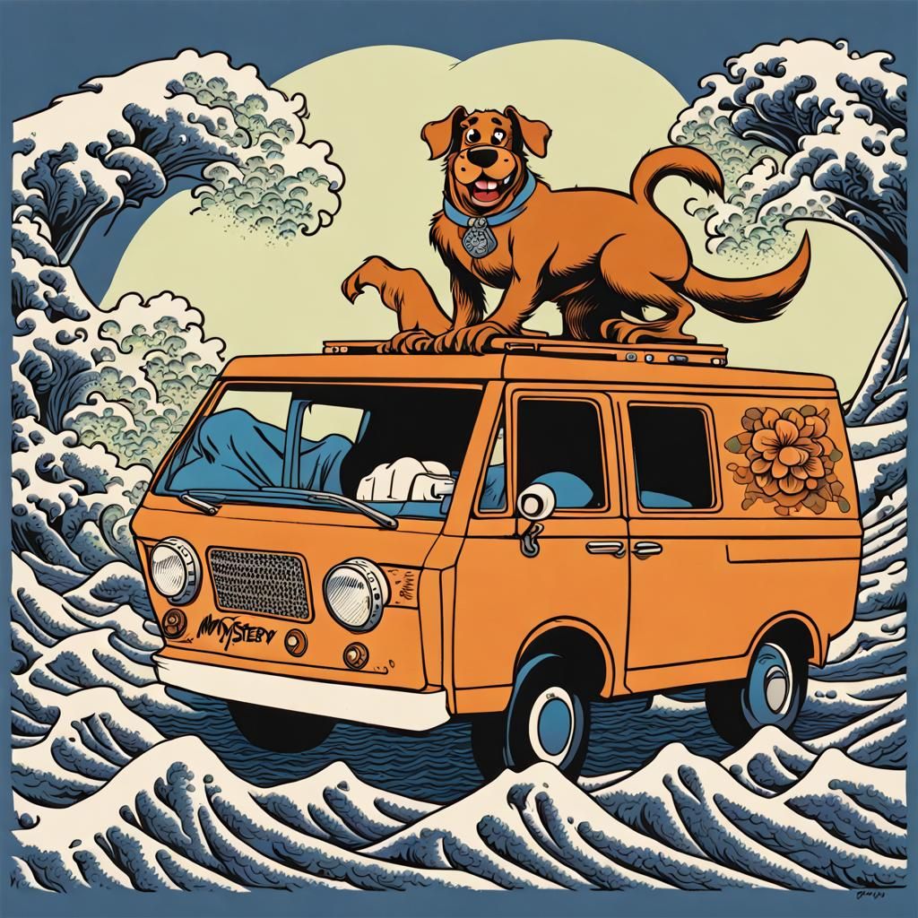 Mystery Machine in Hokusai Block Print Style