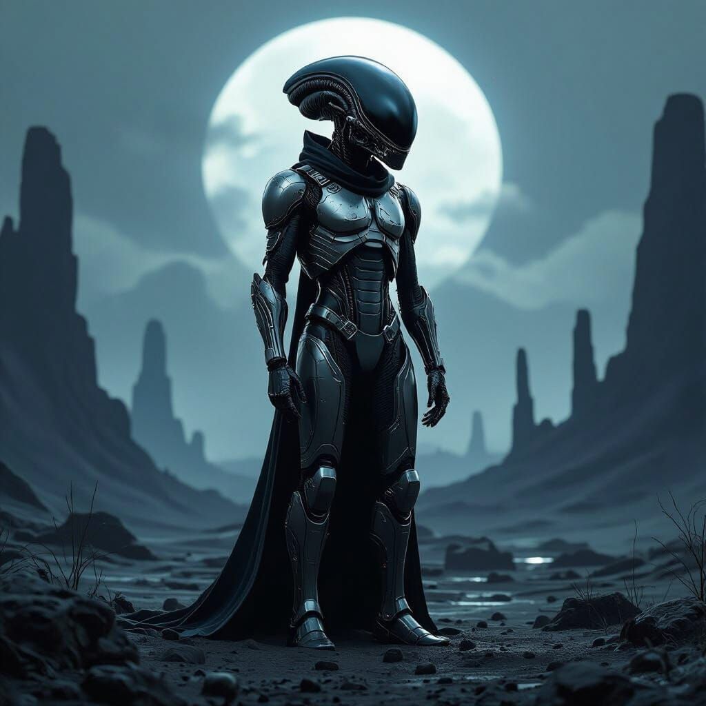 Heroic Alien Xenomorph in Dark Sci-Fi Landscape
