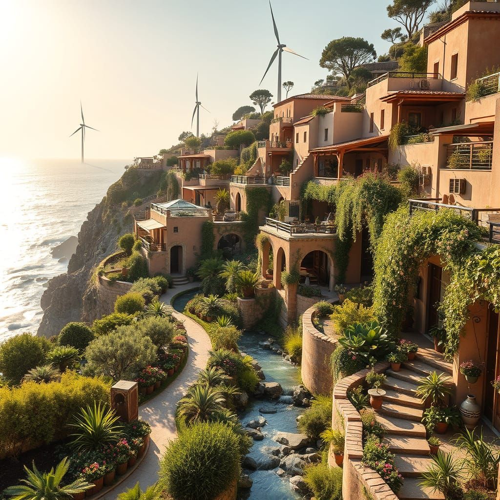 Solarpunk Oasis Amidst Mediterranean Landscape