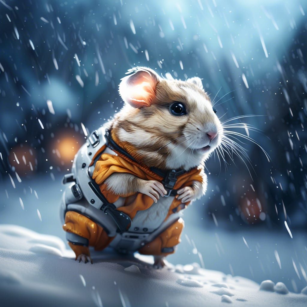 Roborovski hamster in snow blizzard