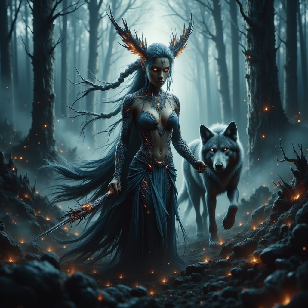 Majestic Elf Ranger Leads Loyal Wolf Through Enchanted Fores...