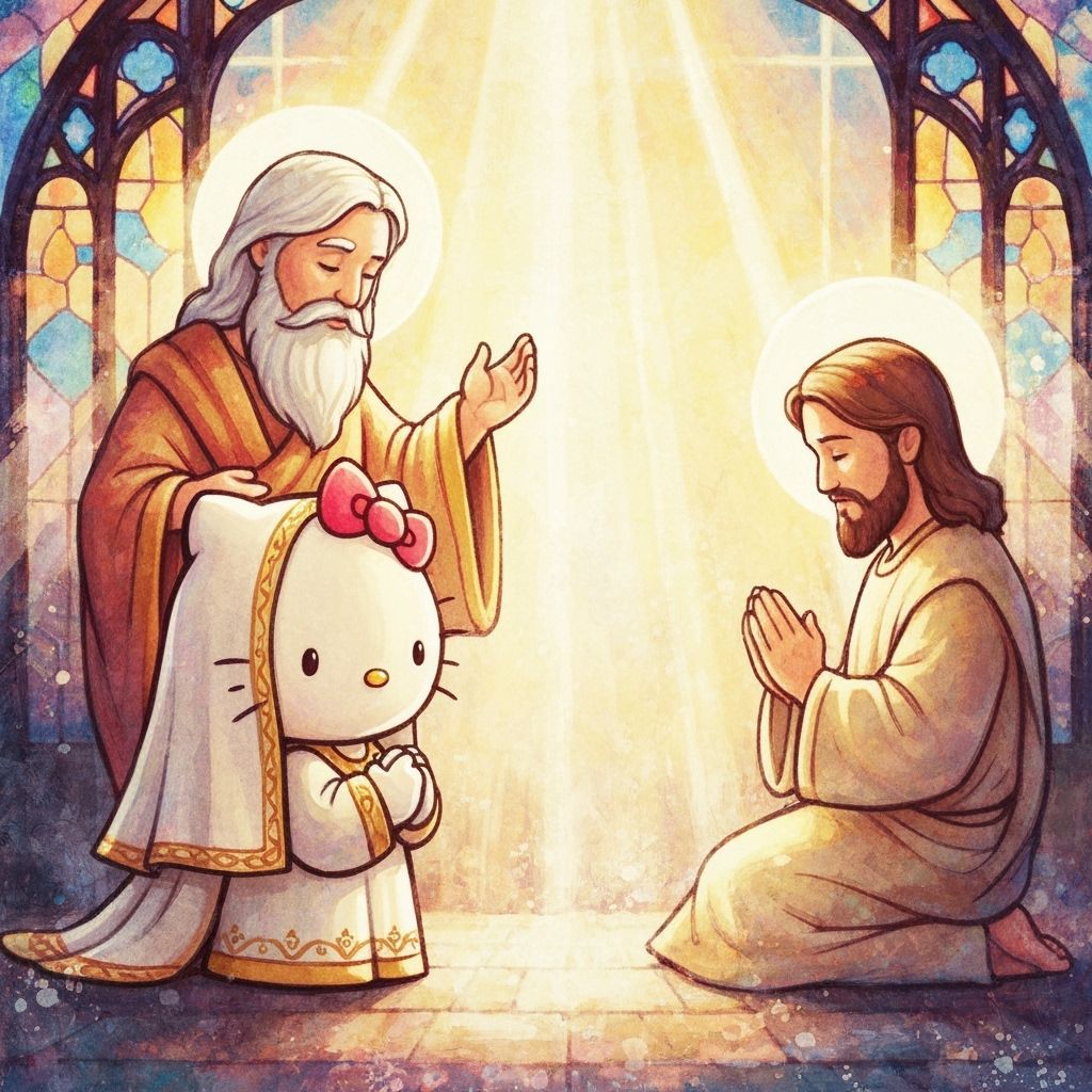 Hello Kitty Praying with God and Jesus
