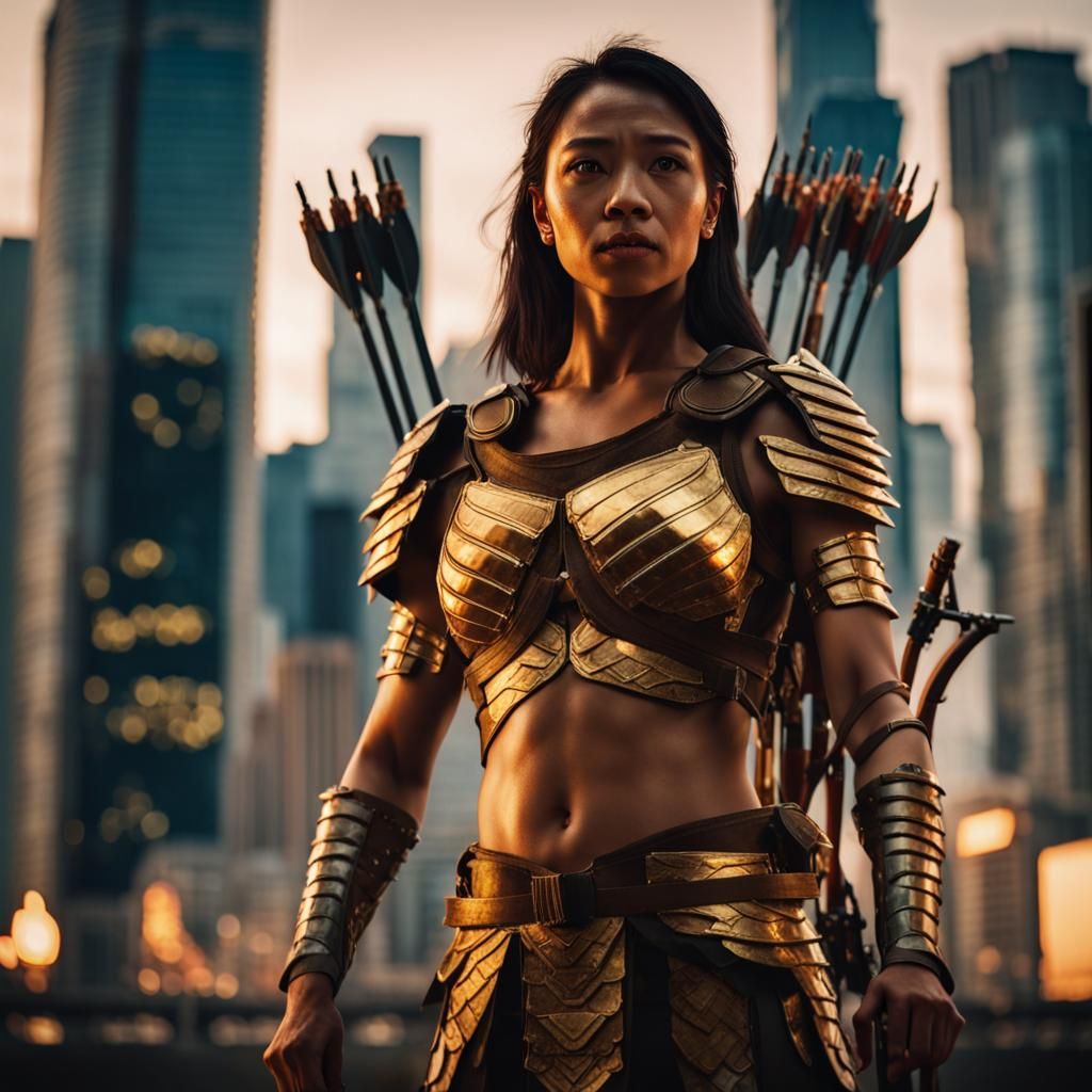 Amazon Warrior in Cityscape: Cinematic Film Still