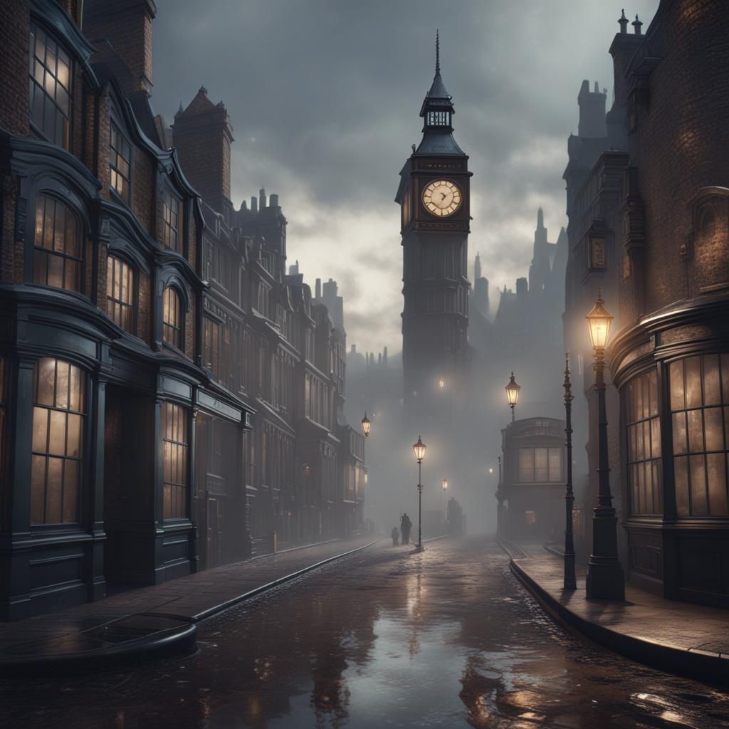 Misty London Street, 1880s Fantasy Concept Art
