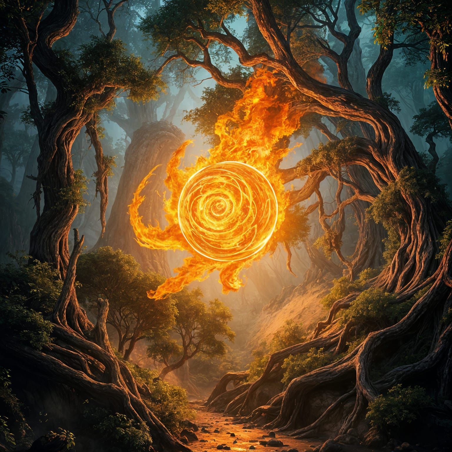 Mystical Fireball Illuminates Forest: Fantasy Concept Art