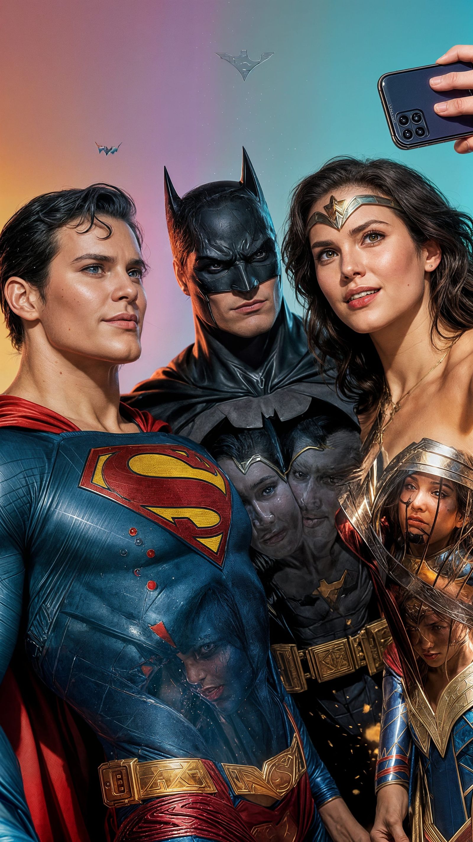 Superman, Batman and Wonder Woman taking a selfie.