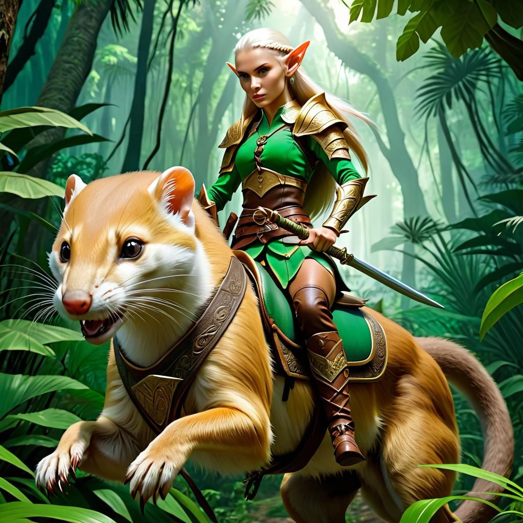 Elf Warrior Rides Giant Weasel Through Jungle