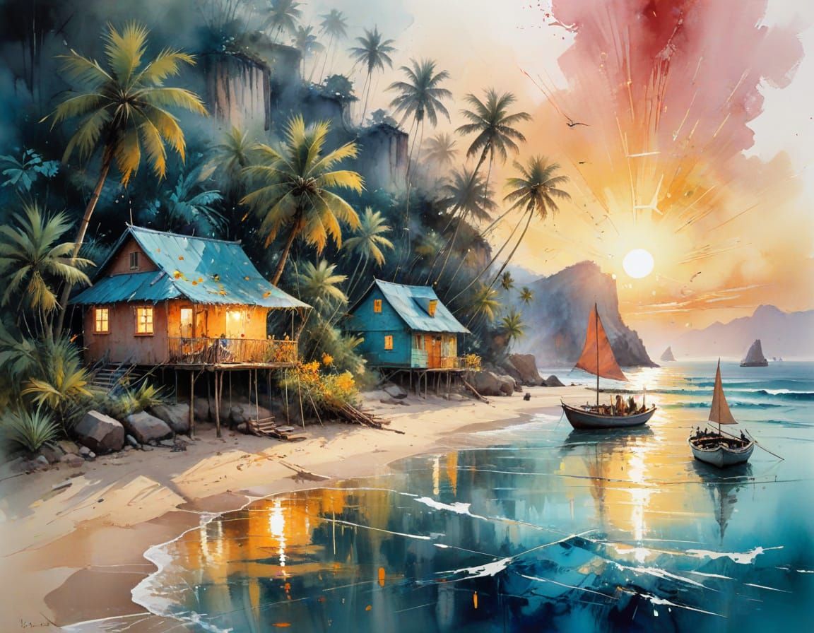 Konkan Coast Dreamscape in Colorful Folk Art Style