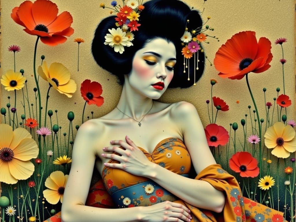 Geisha in Kimono with Gold Accents, Impressionistic Style