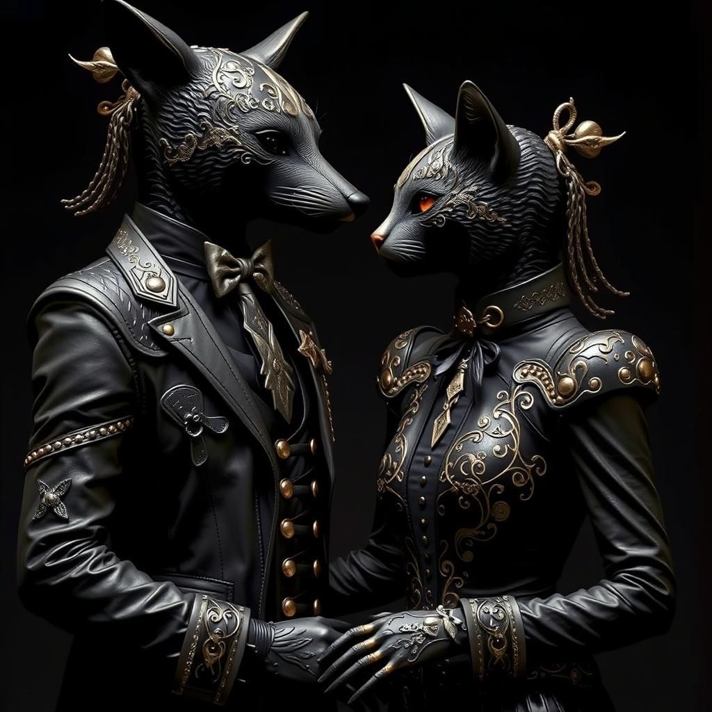 Fox and Cat Silhouette in Dystopian Surrealism Style