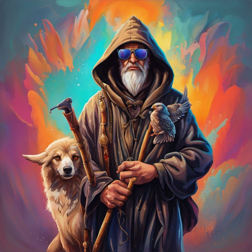 Hyperrealistic Wizard with Hawk and Shepherd's Stick