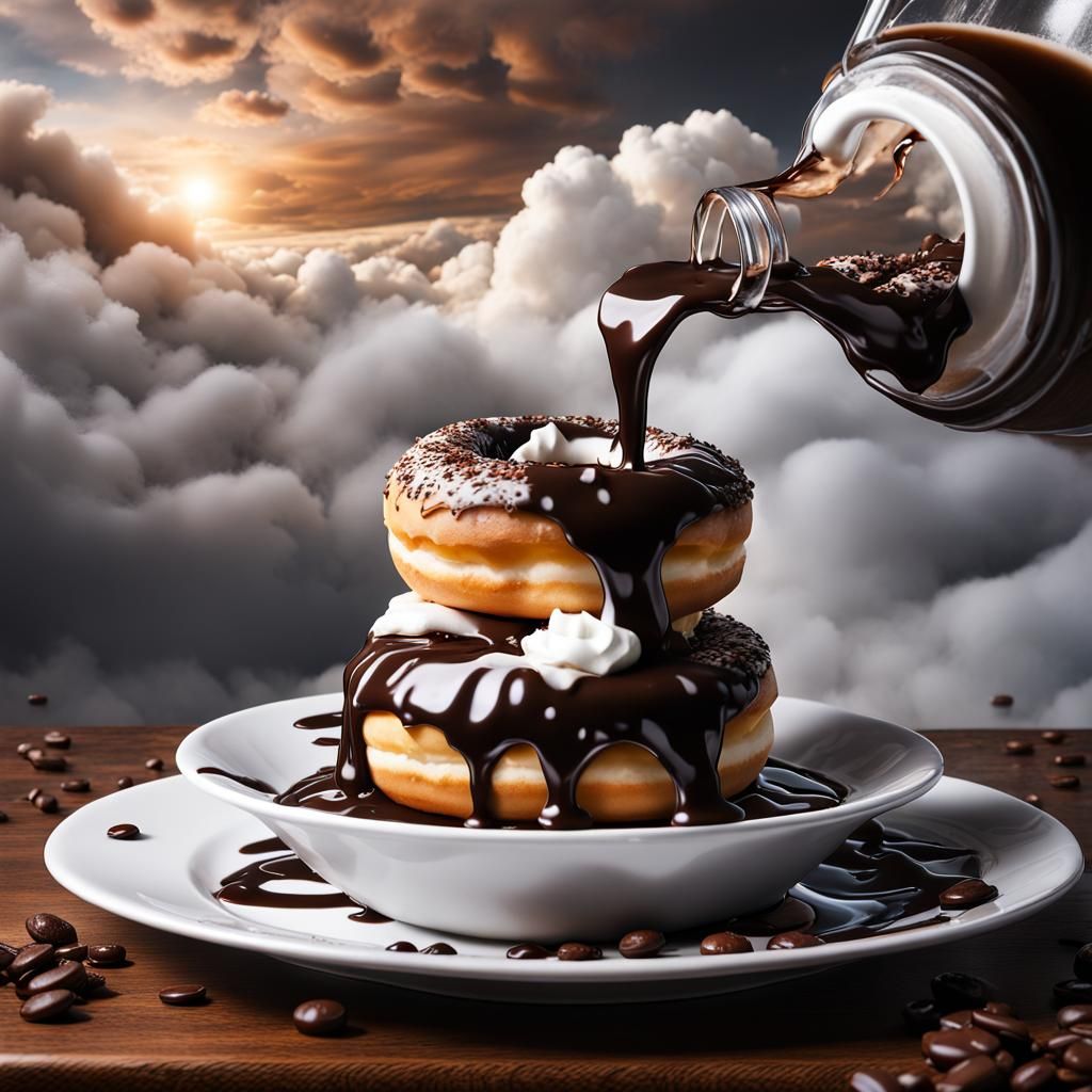 Pouring chocolate syrup on a plate of donuts