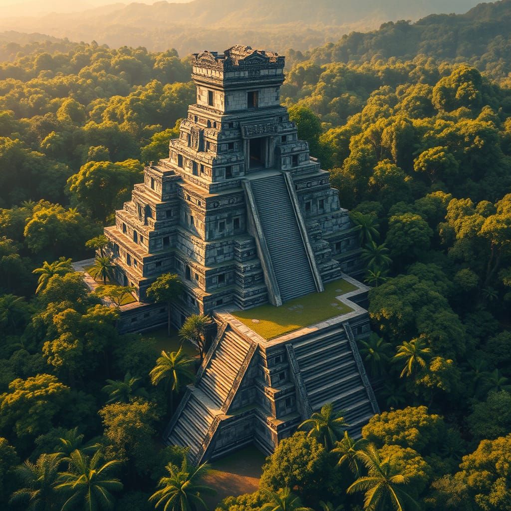 Aerial View of Mayan Temple in Jungle