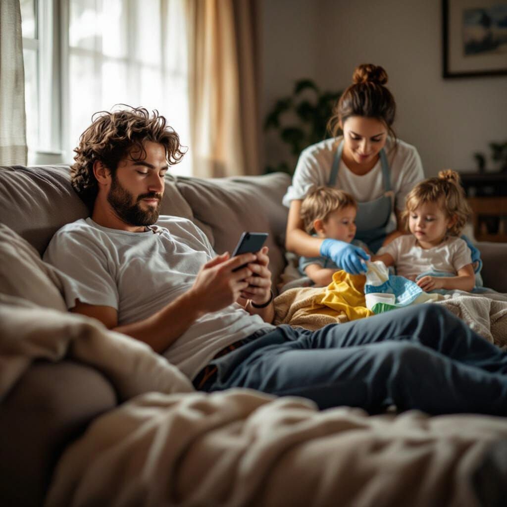 Lazy Man on Phone, Busy Woman with Kids