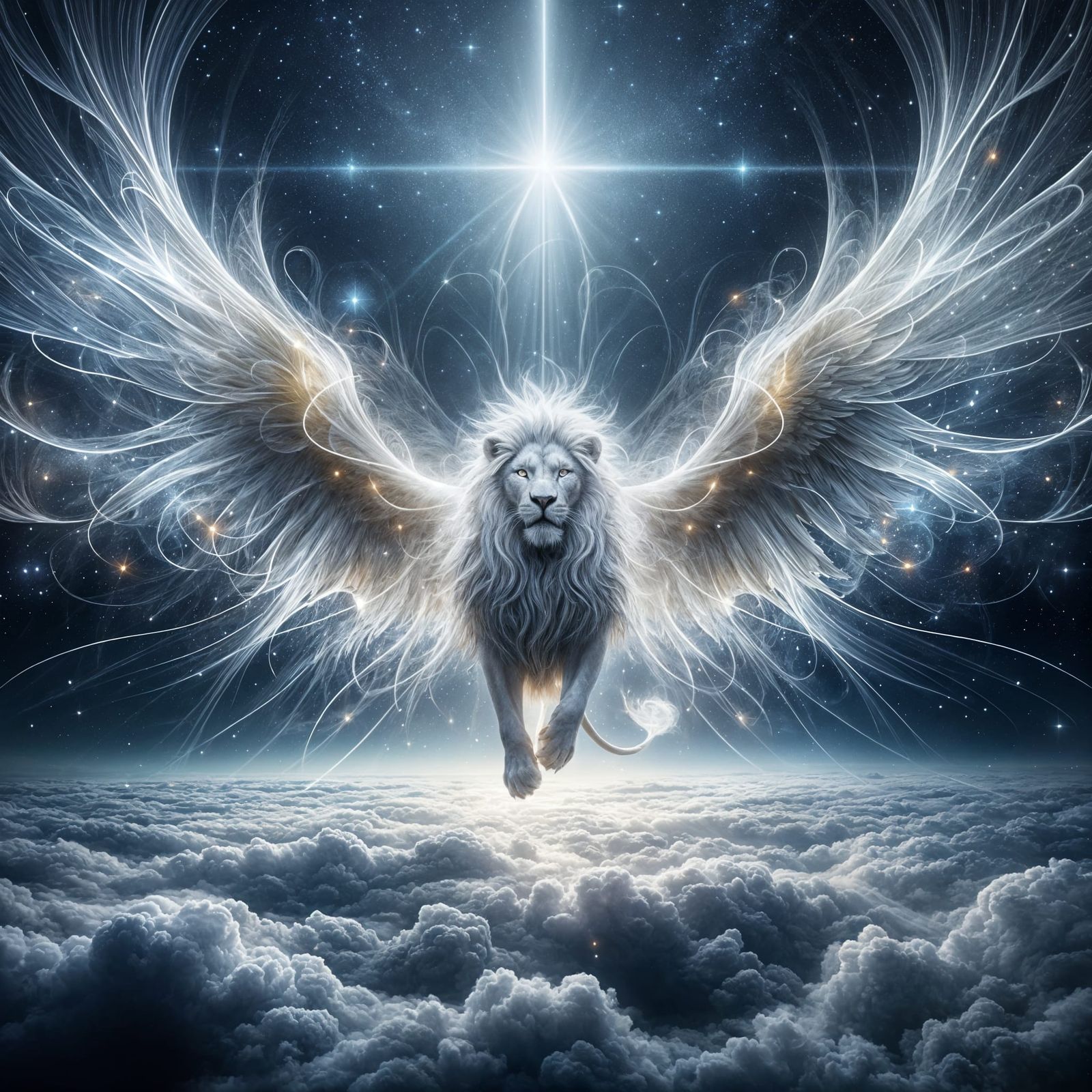 Glowing White Lion With Ethereal Wings Soars Above Clouds