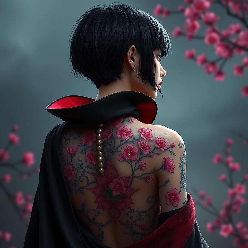 Gothic Girl with Cherry Blossom Tattoo Art