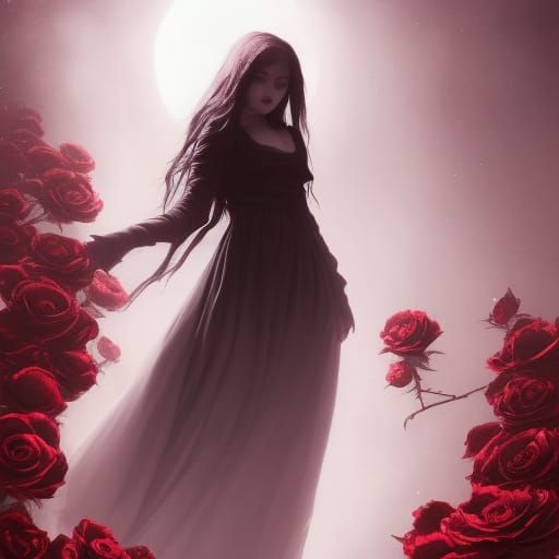 High Gothic Girl Amid Roses at Sunset