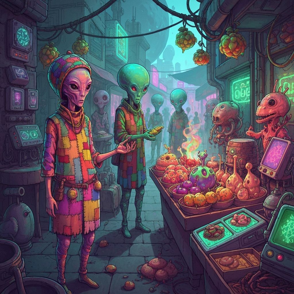 Alien Market with Glowing Fruits in Retro-Futuristic Style