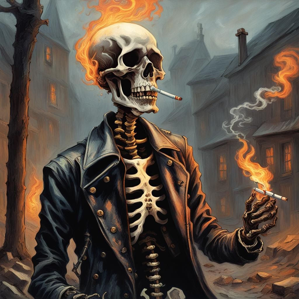 Fiery Skeleton in Leather Jacket: Horror Art