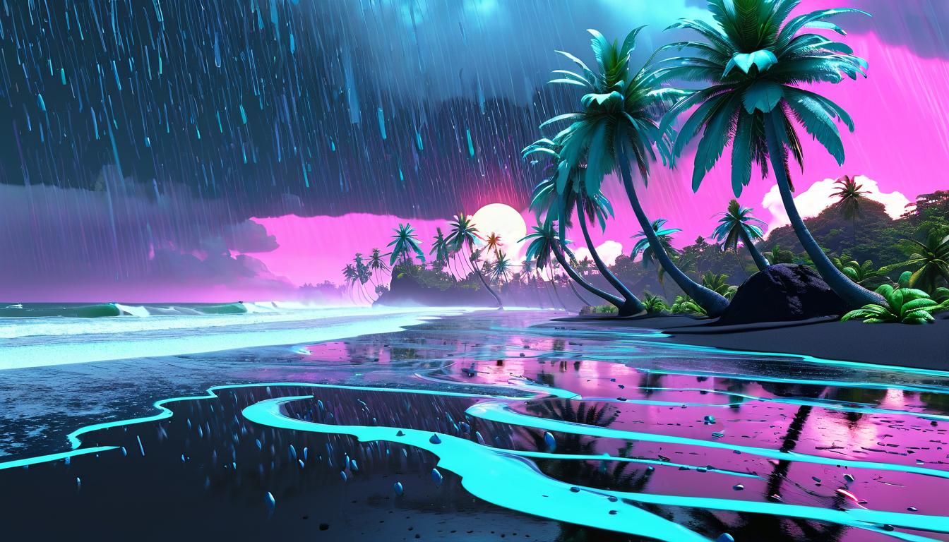 Vaporwave Stormy Landscape with Black Sand Beach
