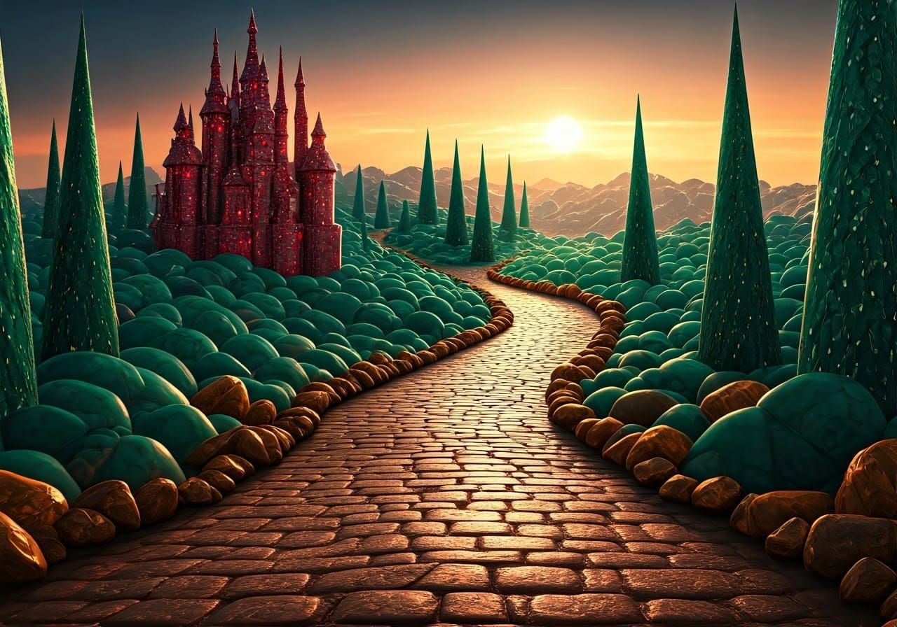 Ruby Gemstone Castle Amidst Jade Hills and Emerald Trees