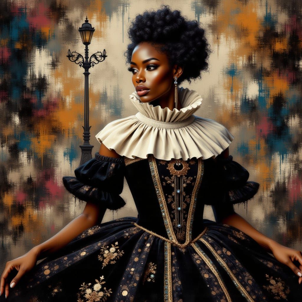 Elegant Woman in Velvet Gown, Baroque Splash-Art Style