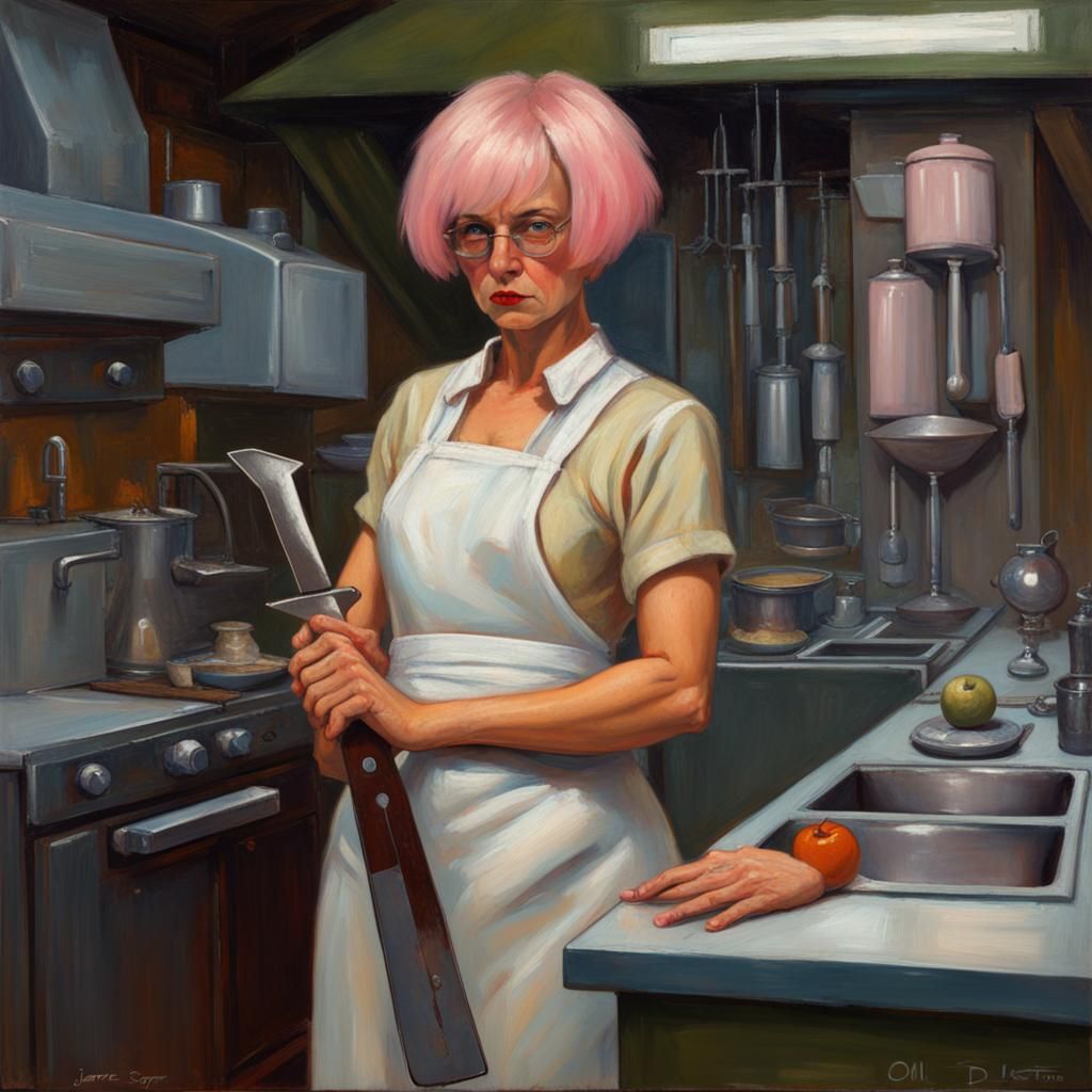 Pink-Haired Woman with Cleaver in Gurney Style