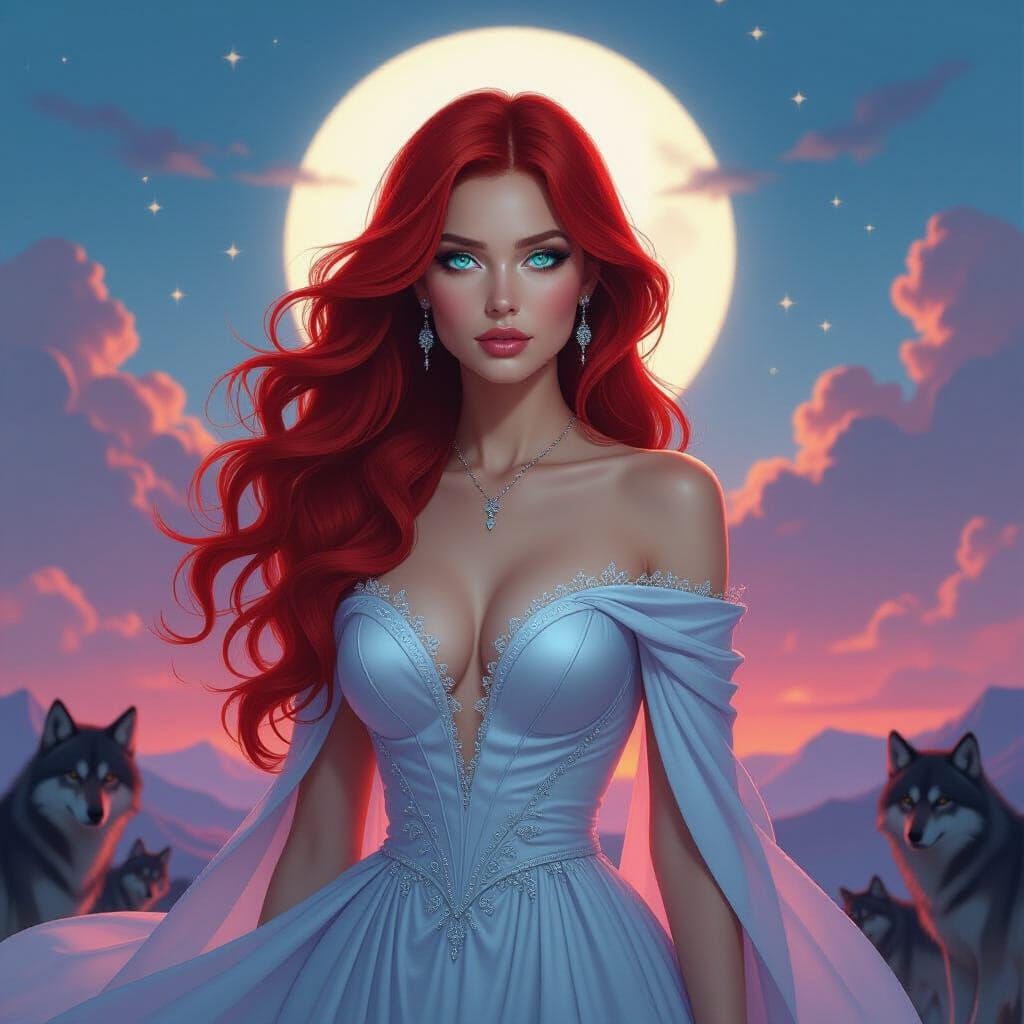 Celestial Woman with Red Hair in Twilight Sky