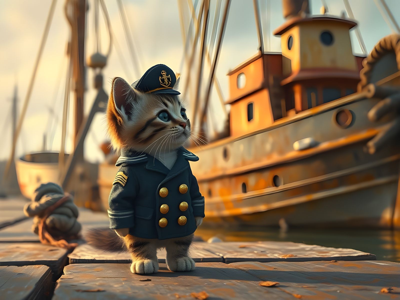 Kitten in Captain's Regalia Amidst a Fishing Vessel