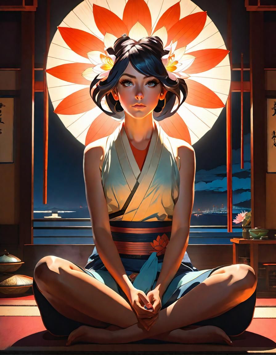 Ukiyo-e Girl Sitting in Dark Interior