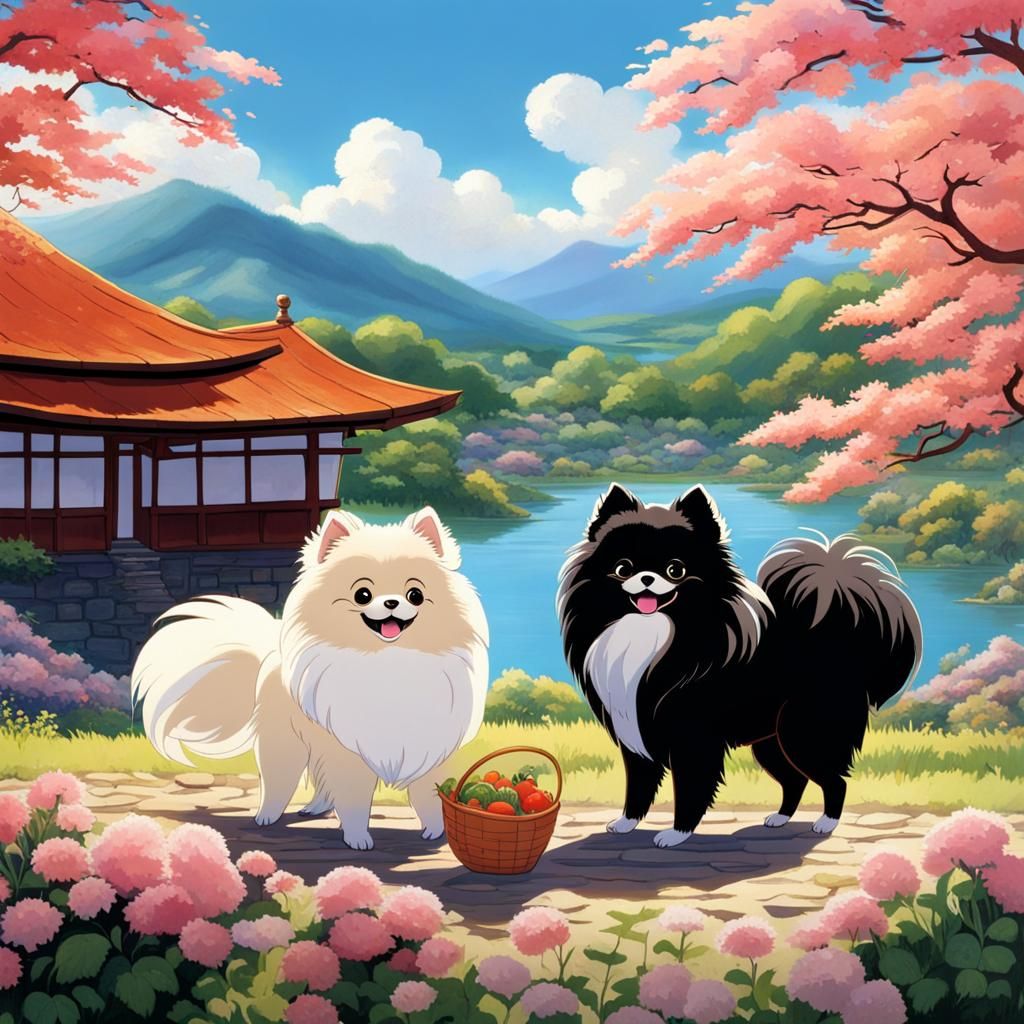 Pomeranian Planting Vegetables in Ghibli Animated Style
