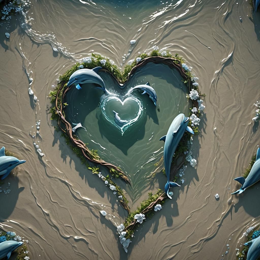 Dolphins Create Heart Trail: Fantasy Matte Painting