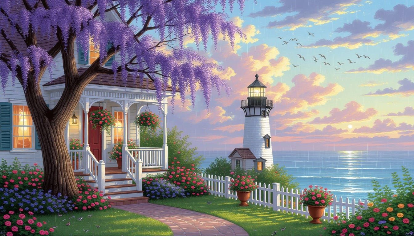 Dreamy Jacaranda Garden with Lighthouse in Vivid Colors