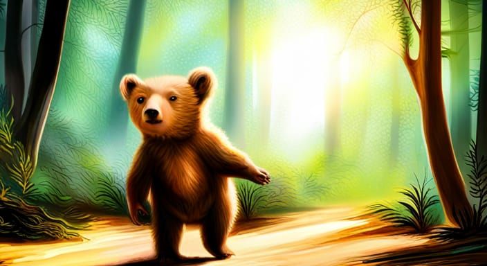 Baby bear walking through the woods