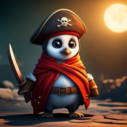 Baby Penguin Pirate: Detailed Dark Fantasy Art