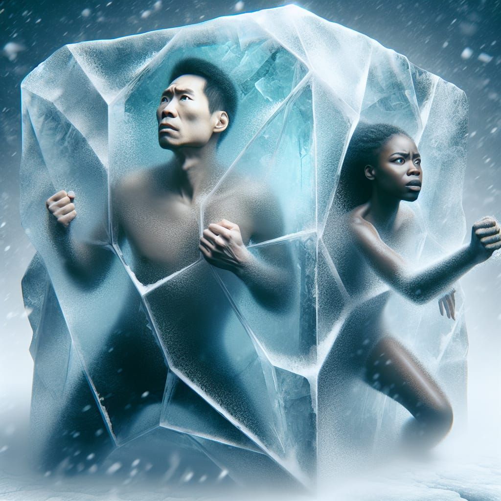 Trapped in an Icy Prison, East Asian Man and Black Woman Str...