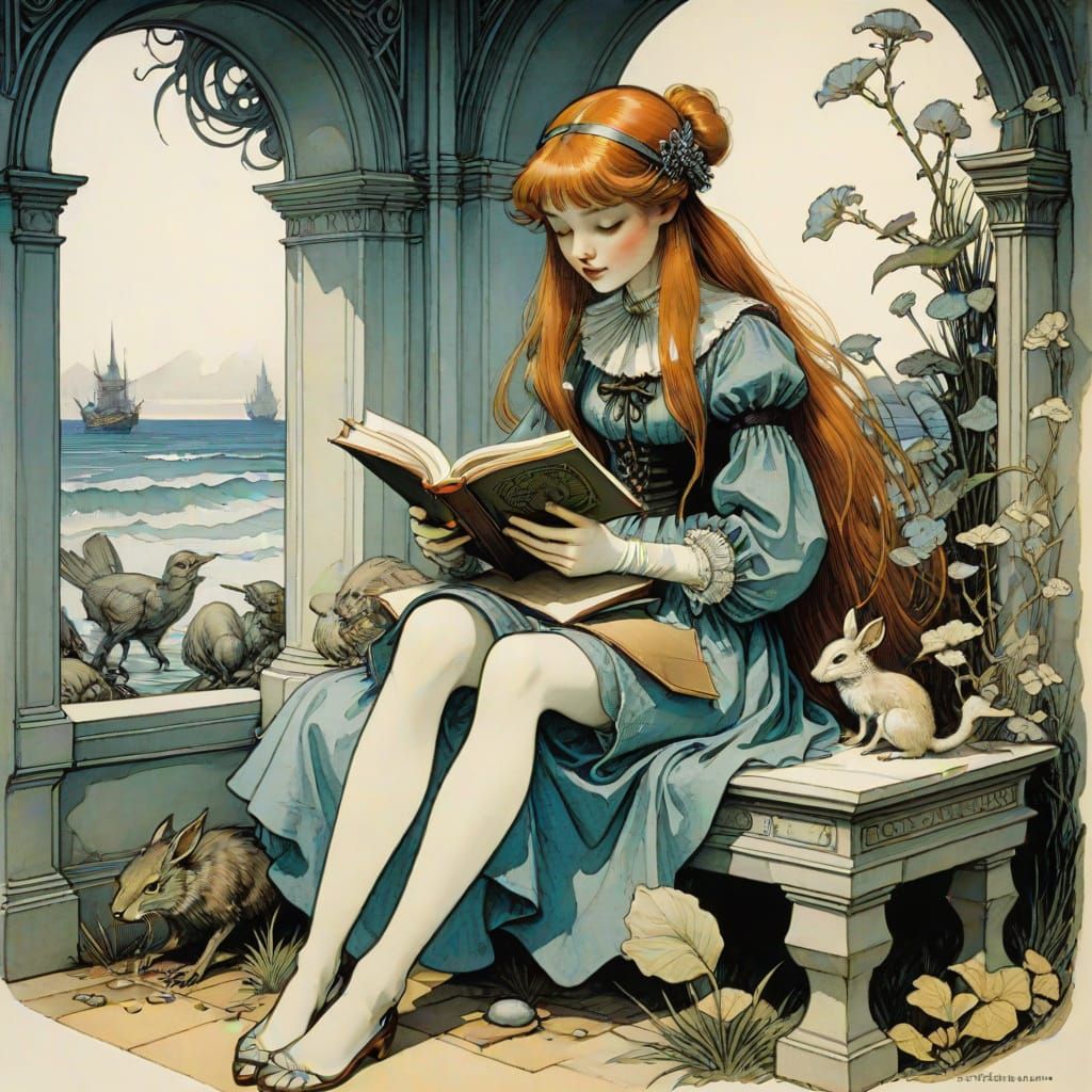 Girl Reading a Book in Whimsical Victorian Style