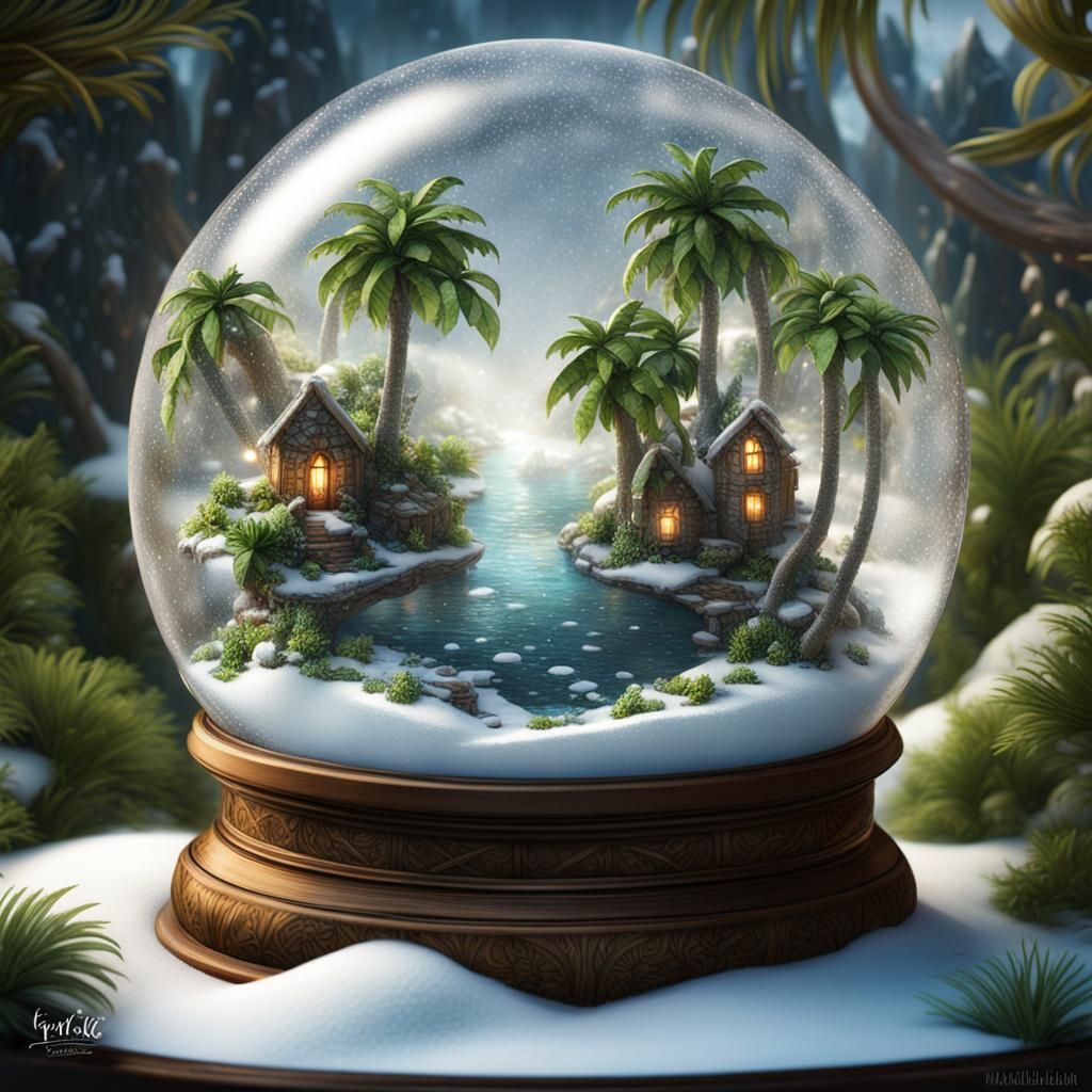 Tropical Island Oasis Inside Snow Globe